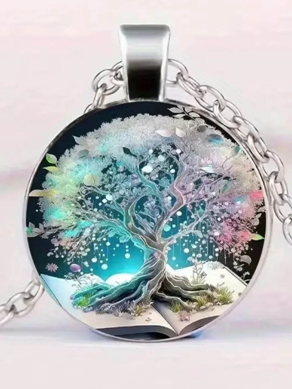 Silver TREE OF LIFE Glass Cabochon Pendant Necklace